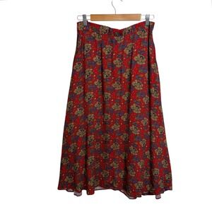 VTG Lizsport Red Floral Print Midi Skirt Size 12 Cottagecore‎
